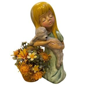 Vintage 70's Ceramic Girl with Lamb Figurine Basket Flowers Decor‎ 9.5x6" 1976